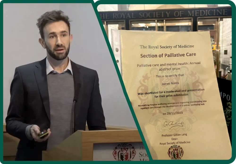 Speaking about MyWishes ‘Wellbeing Hub’ at the Royal Society of Medicine and award nomination certificate.